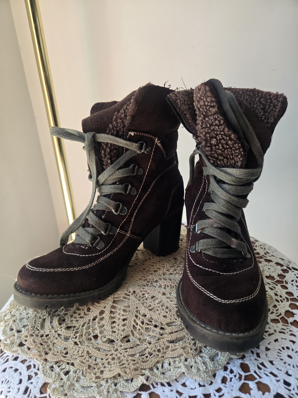 Chunky Heel Lace-Up Suede Ankle Boots in Dark Brown